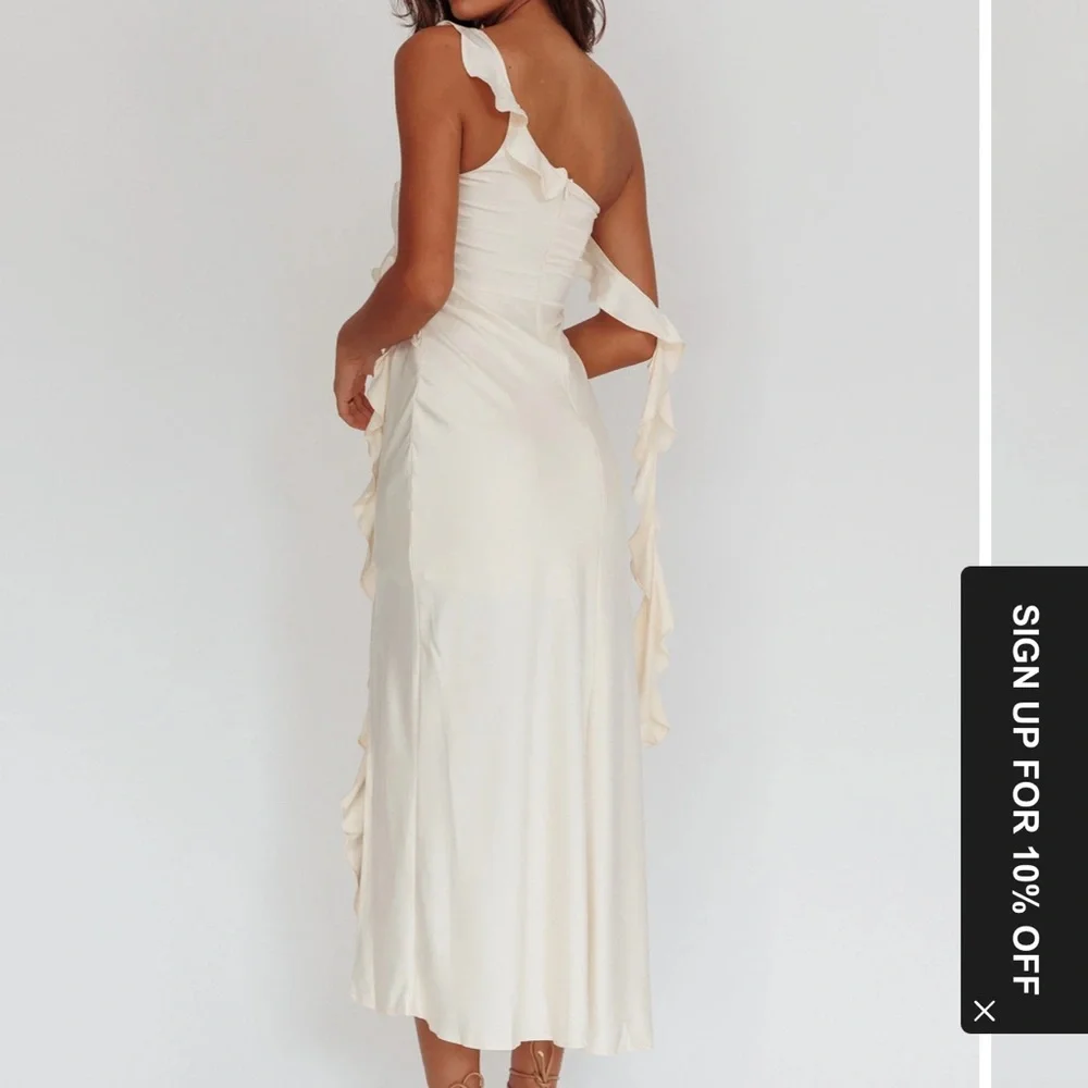 Selfie Leslie One-Shoulder Satin Ruffle Midi Dress in Butter - Picture 2 of 4